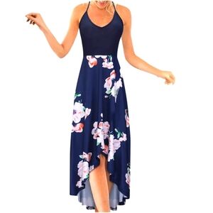 wrap dress, size L, blue floral, with adjustable shoulder straps, asymmetrical.